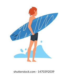 Guy Surfer Character Standing with Surfboard, Recreational Beach Water Sport, Man Enjoying Summer Vacation Vector Illustration
