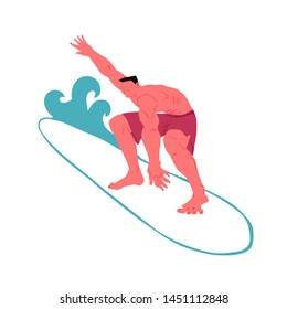 Guy surfer. Vector illustration. Trendy flat exaggerated style isolated object people. Cool man on surf board slides on waves.