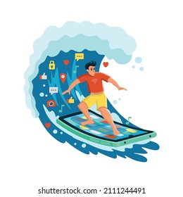 Guy surfing on the phone.Surf the internet. The concept of fast internet, new technologies, social networks, mobile games, applications, news. Vector illustration. Cartoon style.