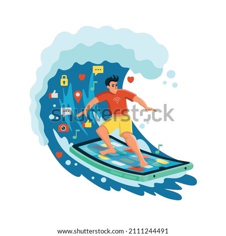 Guy surfing on the phone.Surf the internet. The concept of fast internet, new technologies, social networks, mobile games, applications, news. Vector illustration. Cartoon style.