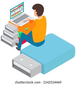 Guy surfing web sites and analyzes chart. Digital services, Internet program technology. Man using worldwide network on computer. Person looking at screen of electronic device sitting on flash drive
