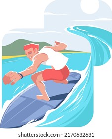 Guy surfs on a surfboard in the sea, the ocean. Man on a surfboard catches a high wave. The concept of summer vacation, outdoor activities, sports and fun vacation. Stock vector illustration in flat s