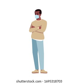 Guy in surgical mask semi flat RGB color vector illustration. African american man in casual clothes isolated cartoon character on white background. Dangerous virus, coronavirus pandemic protection