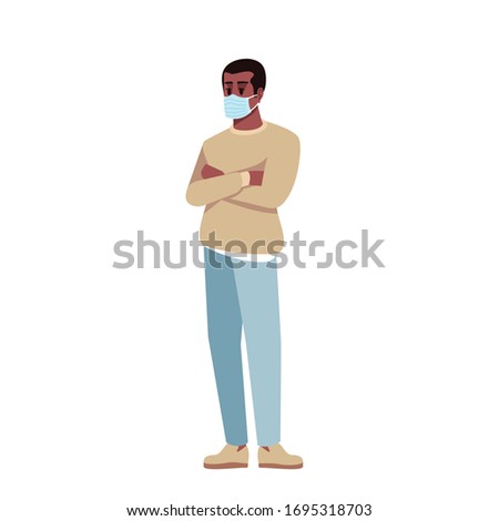 Guy in surgical mask semi flat RGB color vector illustration. African american man in casual clothes isolated cartoon character on white background. Dangerous virus, coronavirus pandemic protection