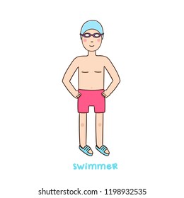 Guy swimmer in a bathing suit, swimming cap, goggles on a white background