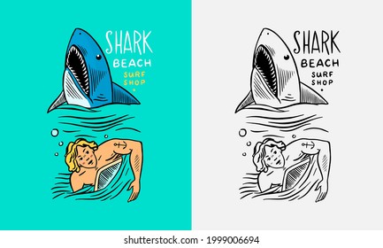 The guy swims away from the shark. Summer Surf sign. California card. Vintage Surfer Man on the surfboard, beach and sea. Engraved emblem hand drawn.