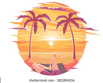 A guy in a swimsuit lights up lying on a sun lounger on a sea or ocean beach under palm trees. Drinks a cocktail under a palm tree. Summer or luxurious vacation. Zakad under palm trees on the beach.
