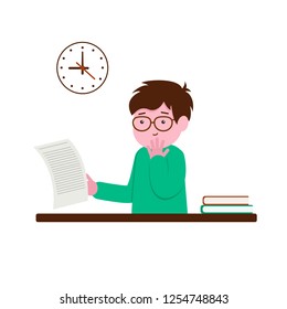 The guy at the table holding a piece of paper. A man reads a list, clock, table, book. Vector illustration, character in flat style. White background.