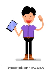 Guy with a tablet in hand. Cute cartoon flat design. Vector illustration