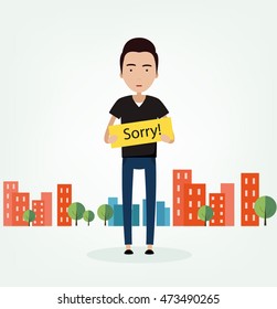 The guy with tablet "Sorry!", "Excuse me",  Illustration vector plane. urban landscape