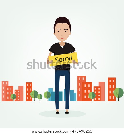 The guy with tablet "Sorry!", "Excuse me",  Illustration vector plane. urban landscape