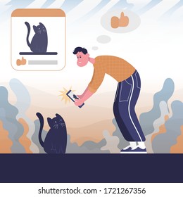 Guy takes a picture of a cat and publishes. Color vector flat cartoon icon. Concept for blogger.