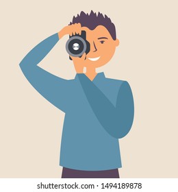 The guy takes a picture on the camera. Photographer. Editable Vector Illustration