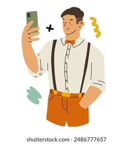 The guy takes pictures on his phone. Amateur photo and video shooting. The blogger creates content for subscribers. Capturing happy moments. Vector illustration isolated on a transparent background.