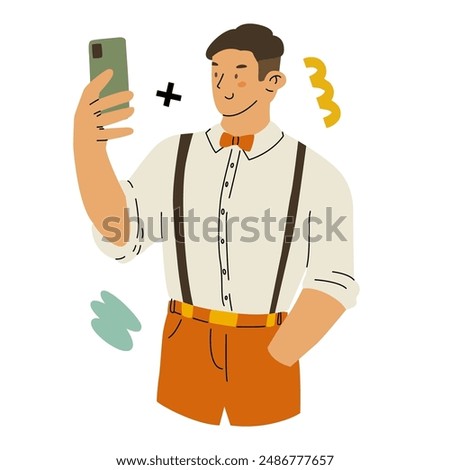 The guy takes pictures on his phone. Amateur photo and video shooting. The blogger creates content for subscribers. Capturing happy moments. Vector illustration isolated on a transparent background.