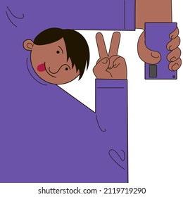 The guy takes a selfie on a mobile phone. Stock vector illustration in flat doodle style isolated on white background