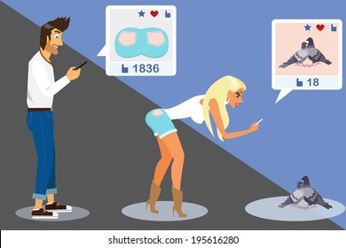 Guy is taking a funny photograph of blonde girl bum when she is taking a picture of doves and publishing it in social networks. Funny vector cartoon illustration of man and girl doing selfi 