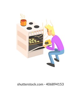 Guy Taking Out Cookies From Oven Fun Illustration In Simple Childish Style Flat Vector Design On White Background