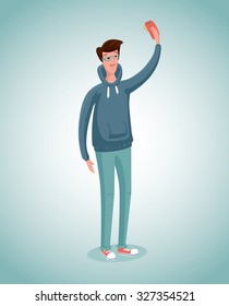 Guy is taking photo of himself with phone. Cartoon illustration