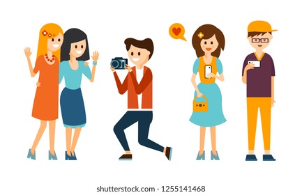 Guy taking photo of two young girls. Woman reading love message. Teen boy holding smartphone. Flat vector design