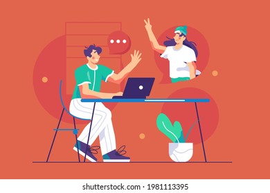 Guy talk on video connection through laptop vector illustration. Meeting online via teleconference or video conference flat style. Technology, remote friendship concept. Isolated on red background