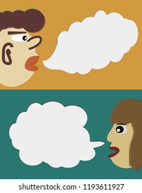 A guy with a talking lady has a text box with a yellow and green background. vector