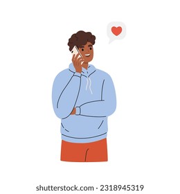 Guy talking with lover using mobile phone. Man chatting on cellphone with partner. Flat illustration isolated on white background.