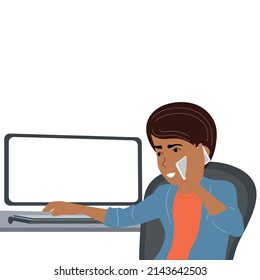 Der Typ telefoniert und tippt auf den Computer. Business. Vektorgrafik, weißer Hintergrund.