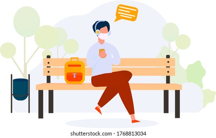 The guy is talking on a video link through the phone. Back background. Masked man. Dialogue on the Internet. Protection from the virus. Vector illustration in flat style .