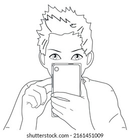 El tipo está hablando en un enlace de video o tomando una foto por teléfono. Vector, fondo blanco