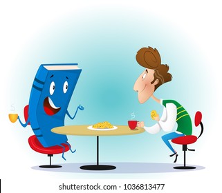 The guy talks to an interesting book. Education and school, study and literature. Self-education concept illustration. Vector cartoon illustration.