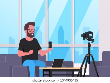guy technology blogger recording video  