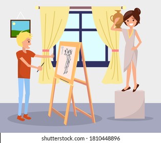Guy or teenager stands and draws woman figure using easel. Palette with paints, brushes, girl posing with amphora on her shoulder. Draw portrait. Window, yellow curtains. Stay home. Flat vector image