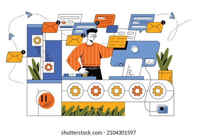 The guy is testing concept applications and sites, the process of finding bugs. Flying envelopes, SMS, and airplanes from letters in the illustration. Gear table. Flat vector illustration