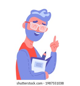 Guy with textbooks, glasses Pupil, student Portrait Postcard Adult education Vector stock illustration. Interest in learning Character for the banner White background Education. Raised index finger