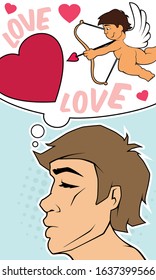 The guy is thinking about love. Cupid shoots at a big heart. Comic style picture. Greeting card. Holiday.
