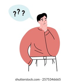 The guy thinks, reflects. A man brainstorms and solves a problem. Vector flat graphics.