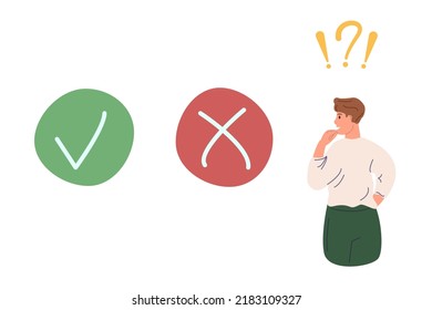 The guy thinks what idea to choose? Does the guy have a choice? Illustration on a white isolated background.
