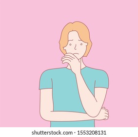 The guy thought and reasoned. Hand drawn style vector design illustration. Vector design style for website, brochure, newspaper.