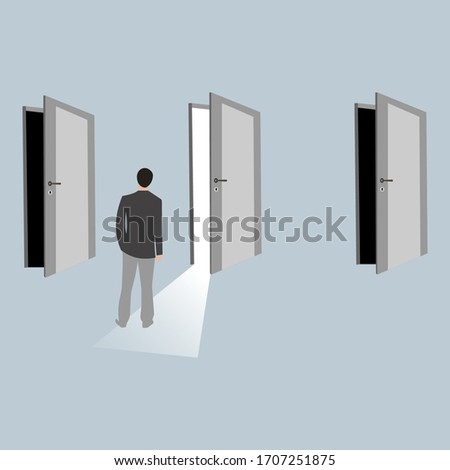 guy and three doors on a blue background