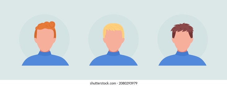 Guy with three types of haircut semi flat color vector character avatar set. Portrait from front view. Isolated modern cartoon style illustration for graphic design and animation pack