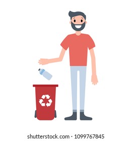 Guy throwing plastic bottle to the waste bin. Ecology protection concept. Waste segregation vector image