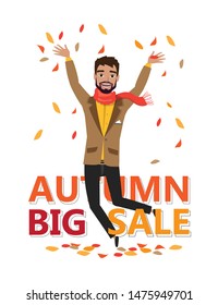 guy throws up autumn leaves. Vector illustration character design and word big autumn sale