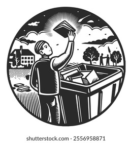 A guy throws his books in a trash can on the street. Vector contour monochrome illustration in linocut style