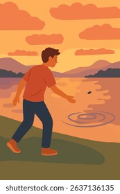 The guy throws a stone into the water. Vector stock illustration eps10.