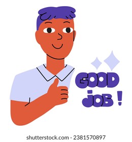 Guy with thumbs up and sign good job. Cartoon vector Illustration in violet and orange colours isolated on white background