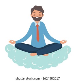 A guy in a tie sits on a cloud and meditates. An office worker in the Lotus position gets rid of stress. Illustration in the flat style