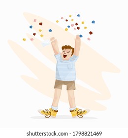Guy took off the mask from his face and is glad that the quarantine is over , the man smiles and throws the confetti to the top.