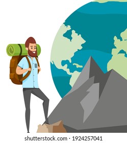 Guy with tourist backpack is climbing mountain. Rock climber on background of planet Earth. Male character with karemat and provisions climbs up rocks to get to goal. World globe vector illustration