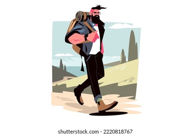 Guy tourist with backpack walking on mountain landscape vector illustration. Bearded dude traveller going through highlands flat concept